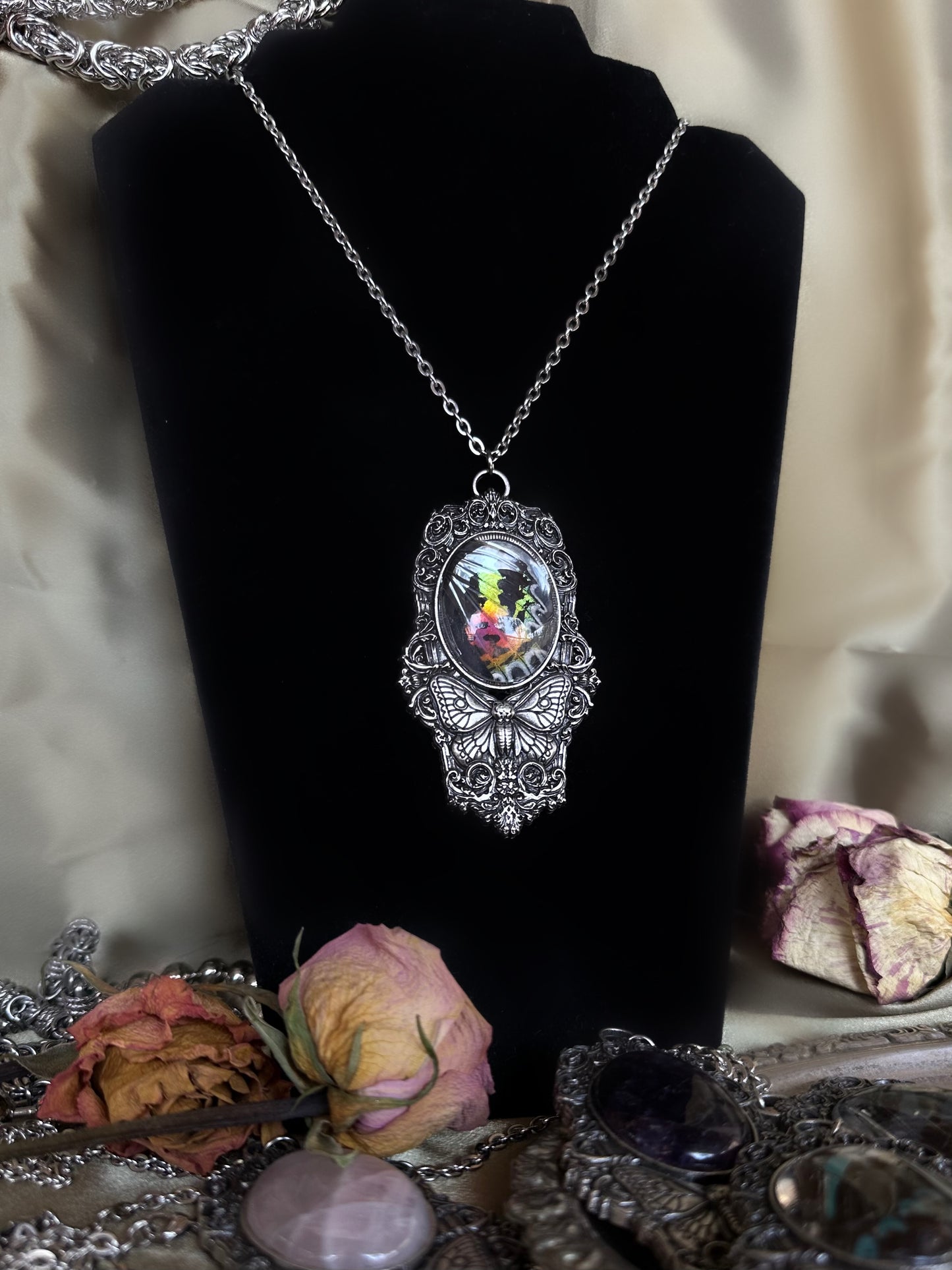 MOTH IN A COFFIN - Mother of Hades Sunset Moth Wing Necklace