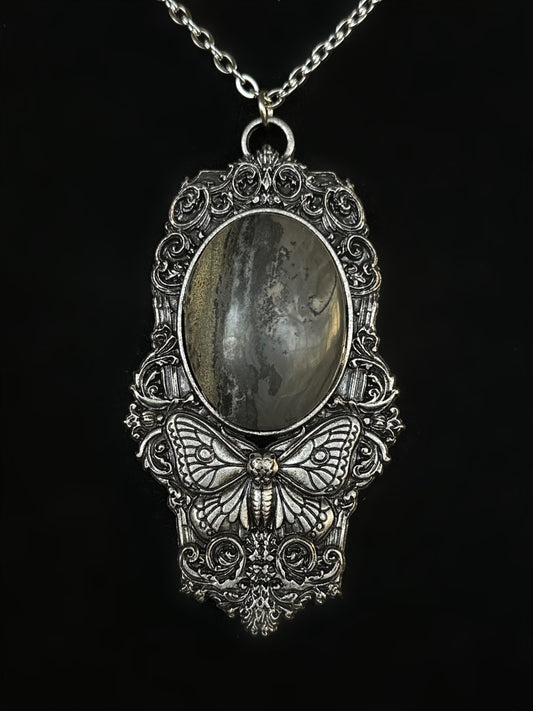 MOTH IN A COFFIN - Mother of Hades Petrified Wood Necklace