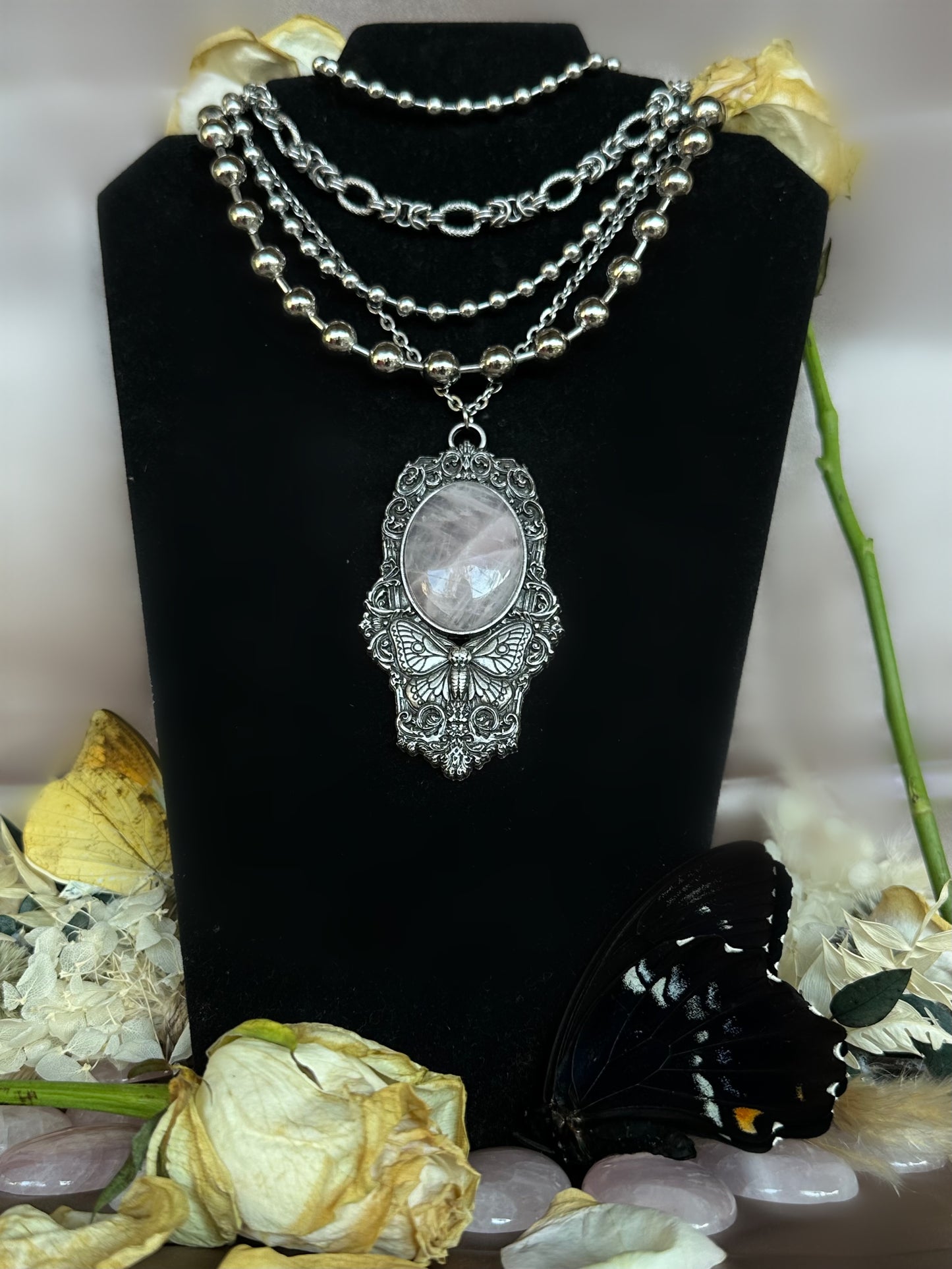 MOTH IN A COFFIN - Mother of Hades Rose Quartz Necklace