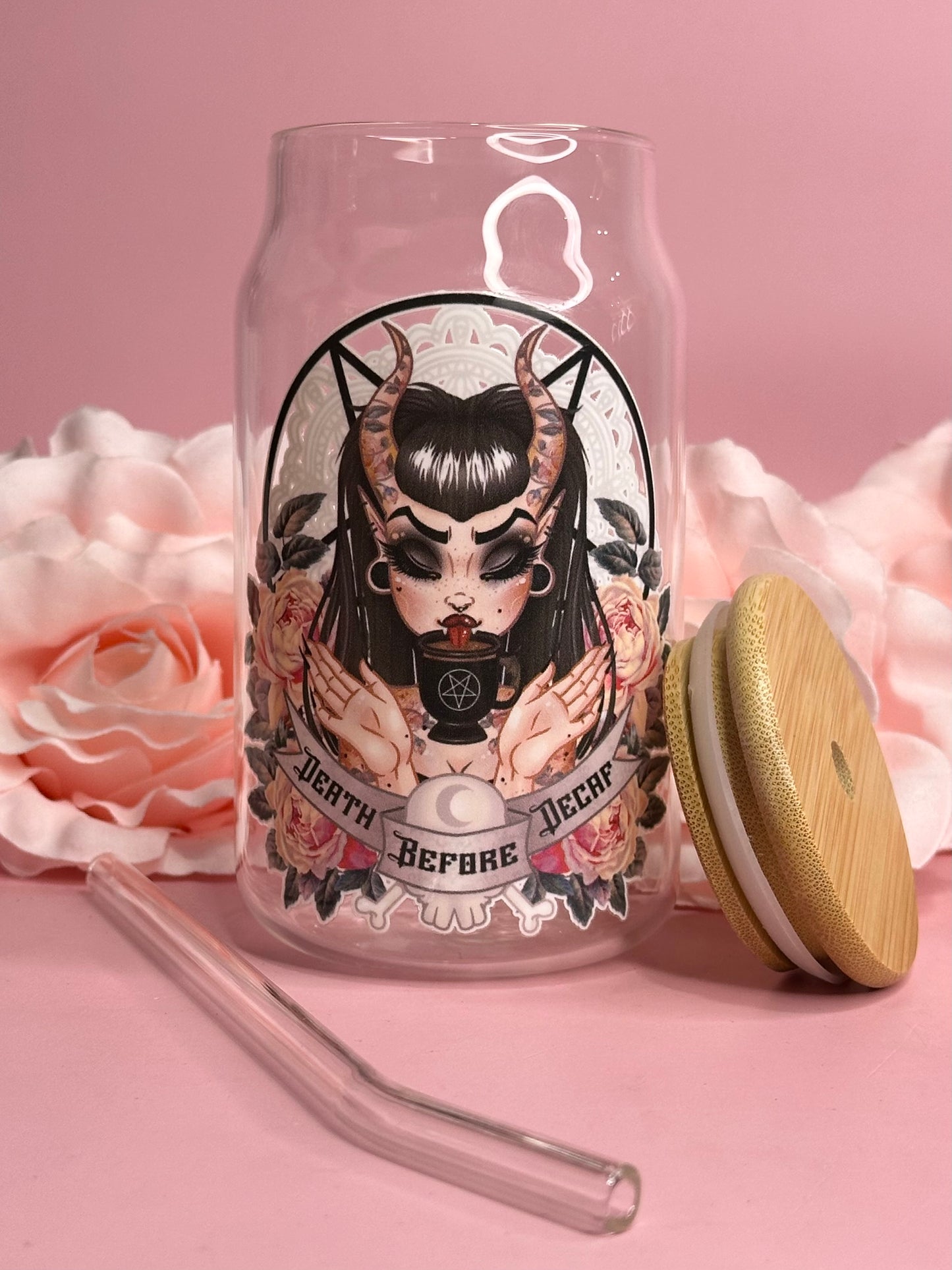 DEATH BEFORE DECAFE - Glass Latte Drink Cup