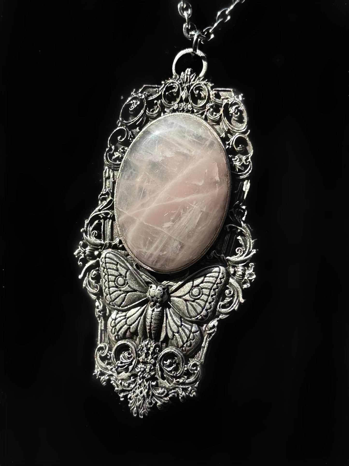MOTH IN A COFFIN - Mother of Hades Rose Quartz Necklace