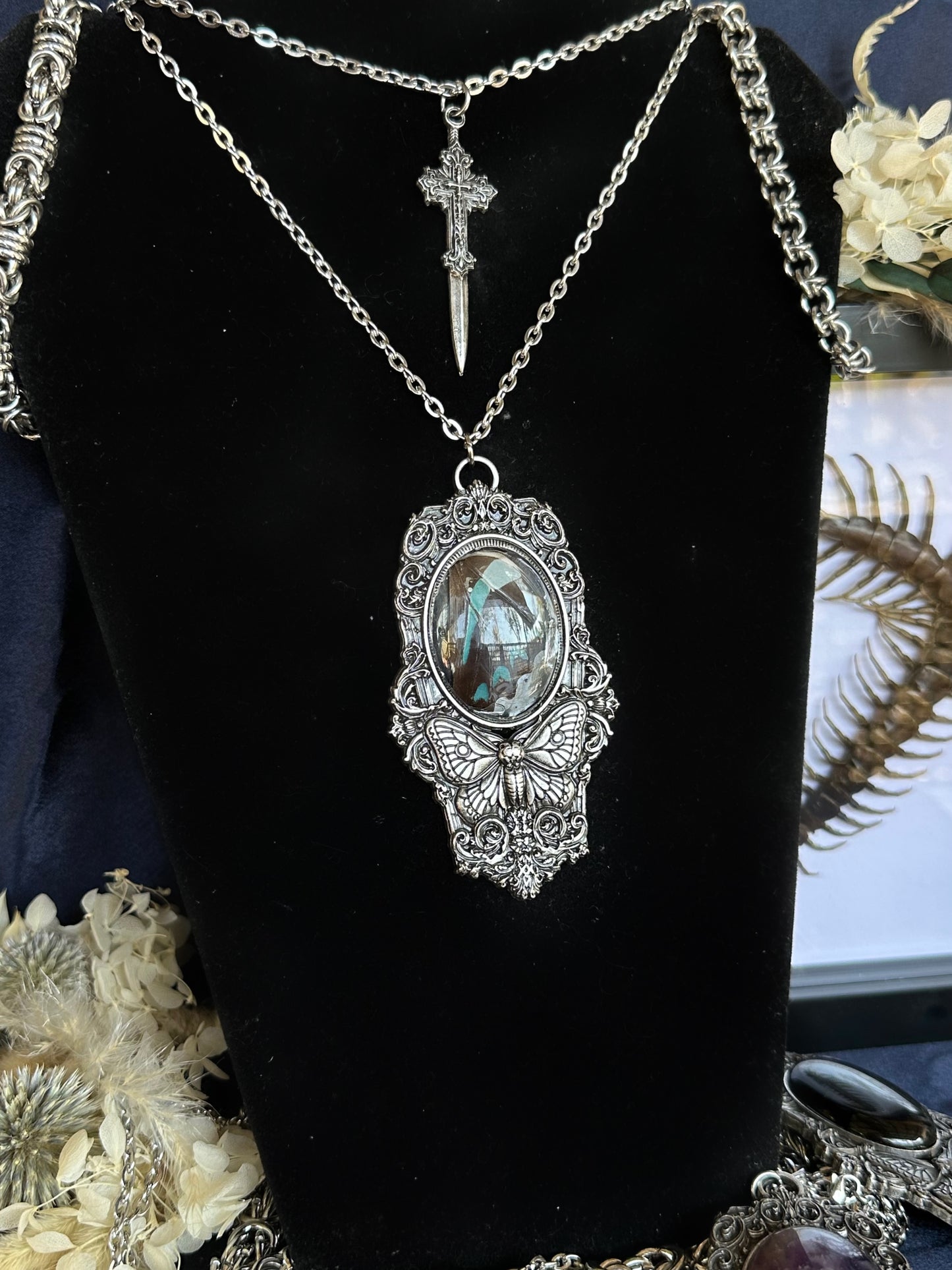 MOTH IN A COFFIN - Mother of Hades Blue Butterfly Wing Necklace