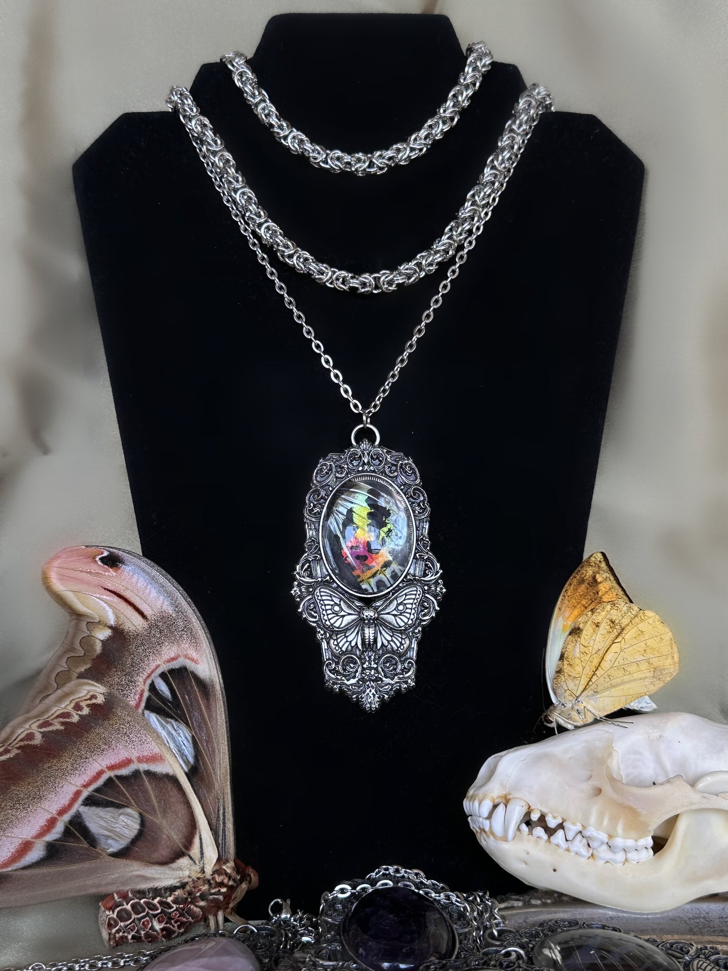 MOTH IN A COFFIN - Mother of Hades Sunset Moth Wing Necklace