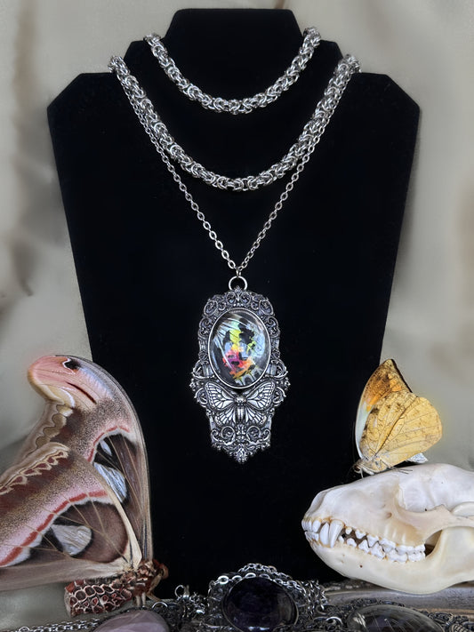 MOTH IN A COFFIN - Mother of Hades Sunset Moth Wing Necklace
