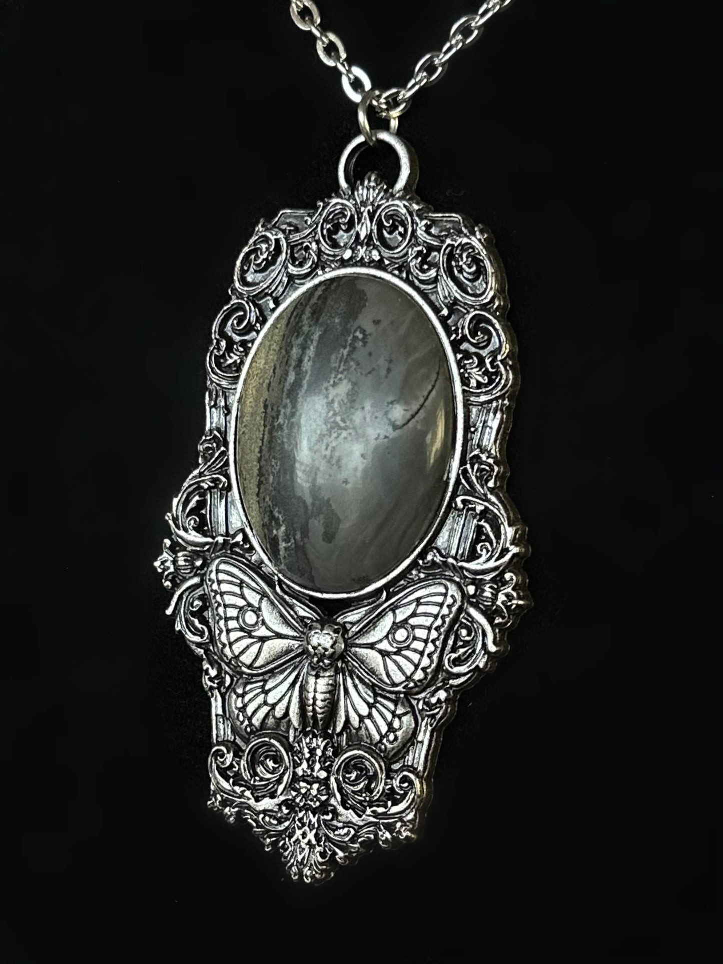 MOTH IN A COFFIN - Mother of Hades Petrified Wood Necklace