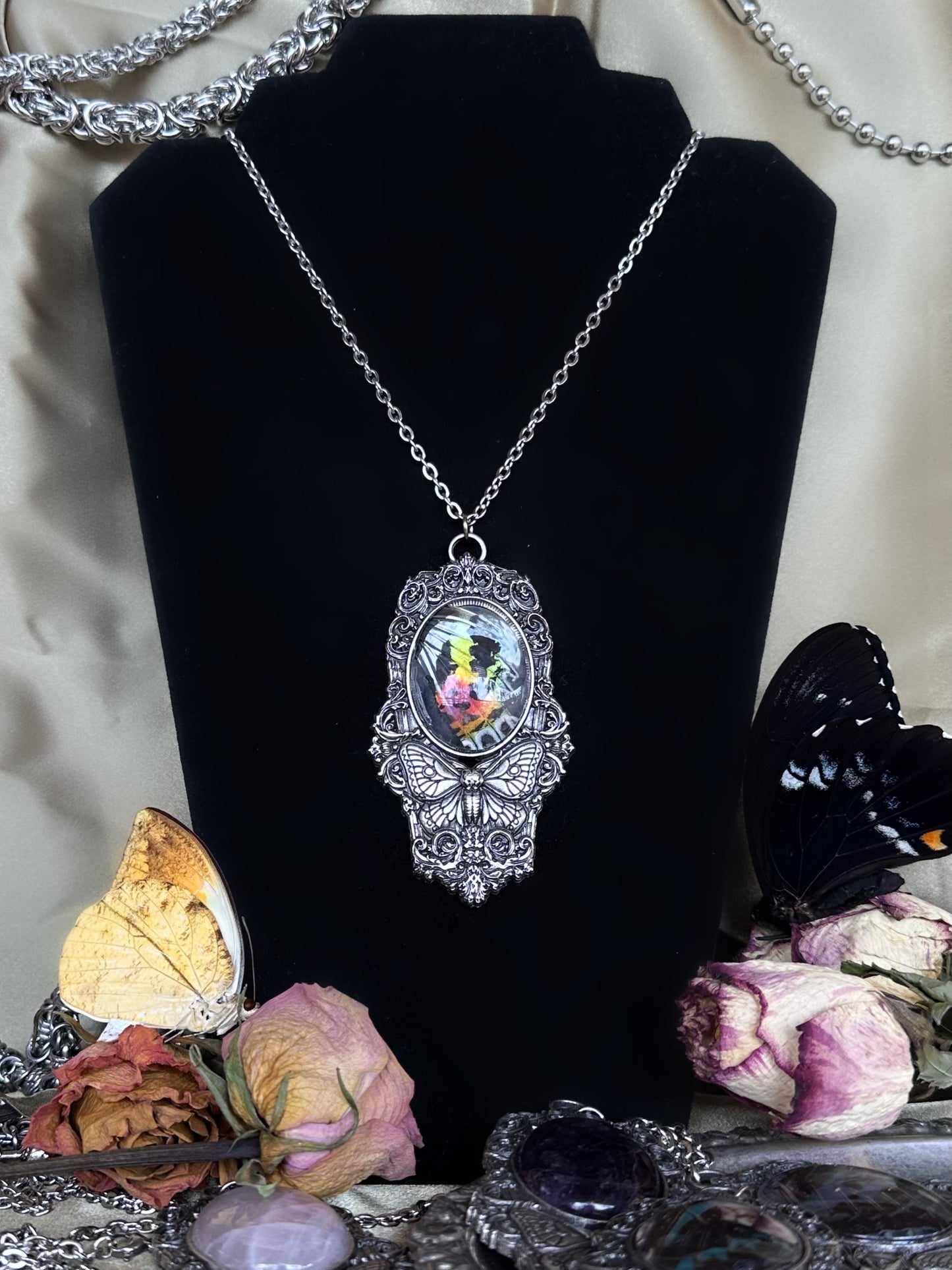 MOTH IN A COFFIN - Mother of Hades Sunset Moth Wing Necklace