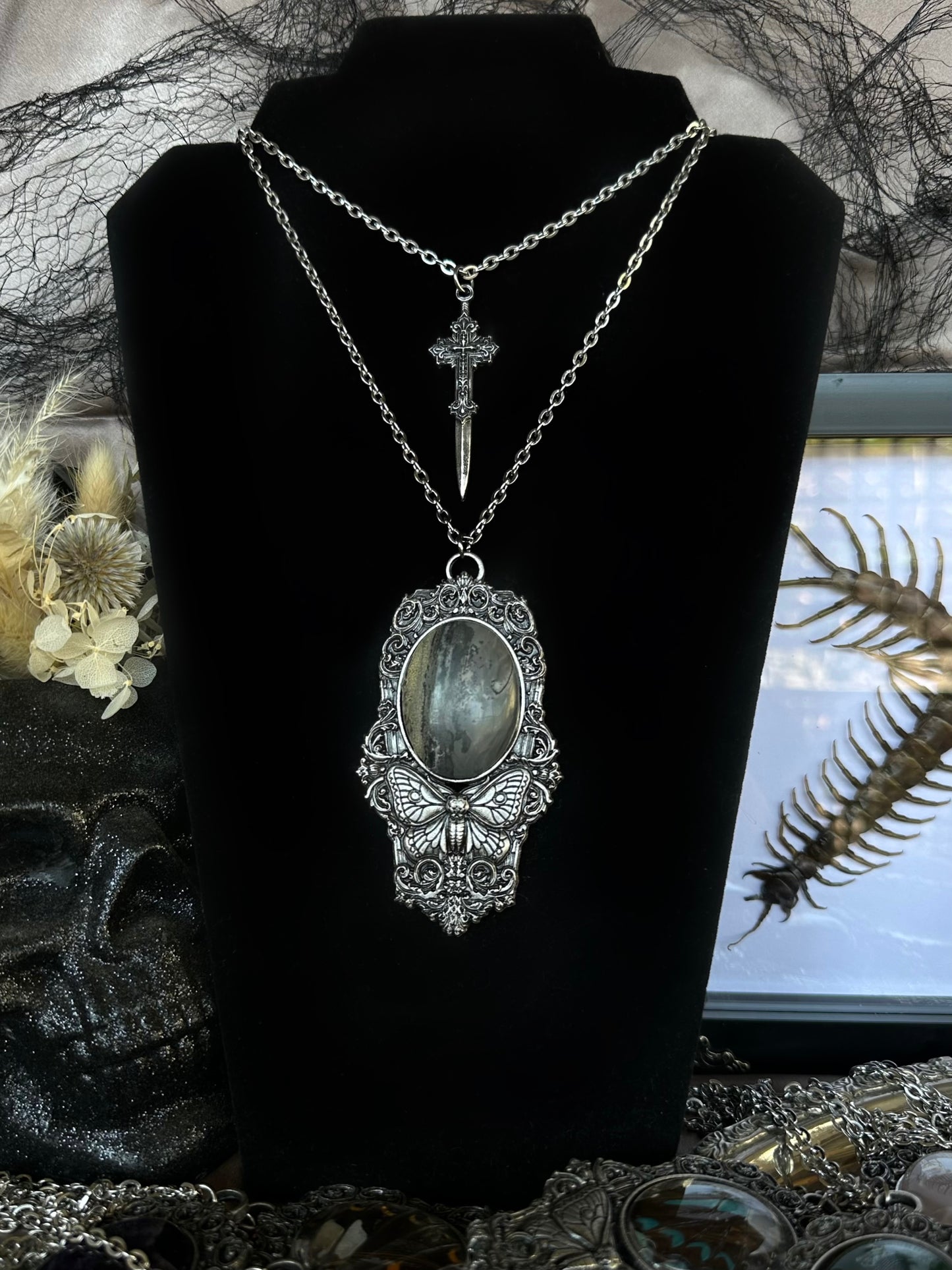 MOTH IN A COFFIN - Mother of Hades Petrified Wood Necklace